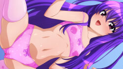 Rule 34 | 1girl, absurdres, blush, bow, bow bra, bow panties, bra, breasts, crotch seam, highres, long hair, looking at viewer, matching underwear, navel, nose blush, original, panties, pink panties, pink thighhighs, polka dot, polka dot panties, purple bow, purple eyes, purple hair, sideways, small breasts, solo, spread legs, squatting, strap slip, sugimura tomokazu, thighhighs, training bra, two side up, underwear, underwear only
