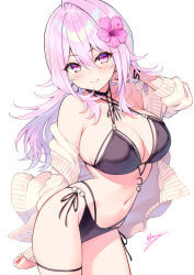 1girl bikini black_bikini blush breasts cardigan closed_mouth collarbone crescent crescent_earrings earrings flower hair_between_eyes hair_flower hair_ornament hibiscus highres hisen_kaede jewelry large_breasts long_hair long_sleeves looking_at_viewer navel o-ring o-ring_bikini original pink_eyes pink_flower pink_hair side-tie_bikini_bottom signature simple_background smile solo stomach swimsuit thigh_strap thighs white_background white_cardigan