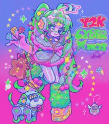 1girl christmas colorful commentary cyber_fashion dog dress earmuffs fashion fur-trimmed_dress fur_leg_warmers fur_trim green_hair heterochromia highres jewelry koko-robo leg_warmers long_hair nachi_(cherrycoke73) necklace non-humanoid_robot original poo-chi robot robot_animal robot_dog sega shoes solo standing standing_on_one_leg star_(symbol) sticker symbol-only_commentary tamagotchi tamagotchi_(classic) tamagotchi_(virtual_pet) twintails very_long_hair virtual_pet_(toy) y2k_fashion