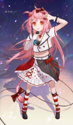 1girl absurdres alternate_costume animal_ears arknights black_shoes bow cat_ears cat_tail chinese_commentary commentary_request diagonal-striped_bow full_body gloves goldenglow_(arknights) hair_bow highres holding holding_microphone idol itsuka_(pixiv90988220) long_hair medium_skirt microphone midriff navel open_mouth orange_eyes pink_hair red_bow red_socks shirt shoes short_sleeves single_glove skirt socks solo striped_clothes striped_socks tail tail_bow tail_ornament white_shirt wrist_cuffs