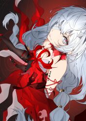 1girl absurdres bandage_over_one_eye bandaged_arm bandages bare_shoulders black_pantyhose braid breasts closed_mouth commentary_request dress earrings grey_hair highres jewelry long_hair looking_at_viewer low_twin_braids medium_breasts pantyhose partial_commentary phrolova_(wuthering_waves) red_dress solo tacet_mark_(wuthering_waves) twin_braids unanooo_(fthx7532) very_long_hair white_eyes wuthering_waves