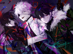 3boys black_eyes black_hair black_shirt blood blood_on_clothes blood_on_face closed_mouth coat commentary dated eyepatch fur-trimmed_coat fur-trimmed_jacket fur_trim glasses green_coat jacket male_focus matsunaka_hiro multiple_boys open_clothes open_jacket open_mouth original red_eyes shirt short_hair signature smile upper_body white_hair white_jacket yellow_eyes