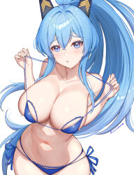1girl absurdres bare_arms bare_shoulders bikini blue_bikini blue_eyes blue_hair blush breasts cleavage collarbone commentary_request cowboy_shot crossed_bangs frilled_bikini frills goddess_of_victory:_nikke hair_between_eyes hair_ornament halterneck helm_(aqua_marine)_(nikke) helm_(nikke) high_ponytail highres large_breasts long_hair looking_at_viewer multi-strapped_bikini_bottom navel official_alternate_costume parted_lips ponytail raised_eyebrows rakuri_(rwrn5475) side-tie_bikini_bottom sidelocks simple_background skindentation solo standing stomach strap_pull string_bikini swimsuit twitter_username very_long_hair wet white_background