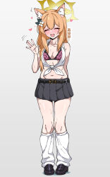 1girl :d alternate_costume amesuku_gyaru animal_ear_fluff animal_ears animal_print belt bikini black_belt black_shoes black_skirt blue_archive blush cat_ears closed_eyes collarbone commentary_request full_body gold_halo grey_background gyaru heart knees kogal leg_warmers leopard_print leopard_print_bikini mari_(blue_archive) miniskirt mitsuame_miiro navel open_mouth orange_hair pigeon-toed pink_bikini pleated_skirt plump print_bikini shirt shoes simple_background skirt smile solo sweat swimsuit tied_shirt translated underwear waving_hands white_leg_warmers