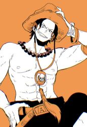 Rule 34 | 1boy, arm tattoo, belt, black hair, black shorts, bracelet, cowboy shot, elbow pads, freckles, hand on belt, hand on headwear, jewelry, log pose, looking down, male focus, necklace, one piece, orange background, orange headwear, portgas d. ace, short hair, shorts, simple background, smile, solo, tanaka (tanakya123), tattoo, topless male, upper body