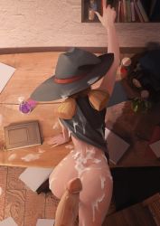 1girl absurdres ass bad_id bad_pixiv_id bent_over blonde_hair blunt_bangs blush breasts bukkake cloak cum cum_on_body cum_on_clothes enif_(sushoartworks) erection flask from_above hat highres long_hair naked_cloak notes original penis short_twintails solo_focus sushoartworks twintails uncensored witch_hat wooden_floor