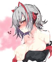 1girl anger_vein angry antenna_hair arknights bare_shoulders blush breasts demon_girl demon_horns grey_hair highres horns jacket large_breasts multicolored_hair open_clothes open_jacket orange_eyes red_hair short_hair solo sukima_(crie) w_(arknights) wet