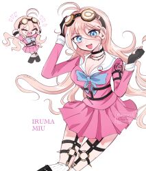 1girl antenna_hair arm_belt barbed_wire belt blonde_hair blue_bow blue_bowtie blue_eyes blush bow bowtie breasts character_name chibi choker cleavage commentary danganronpa_(series) danganronpa_v3:_killing_harmony eyelashes fang fingerless_gloves gloves goggles goggles_on_head hair_between_eyes happy highres iruma_miu large_breasts long_hair long_sleeves looking_at_viewer mmr_0x multiple_belts o-ring o-ring_belt open_mouth pink_serafuku pink_shirt pleated_skirt school_uniform serafuku shirt skin_fang skirt smile thigh_belt thigh_strap thighhighs very_long_hair watermark wavy_hair white_background white_thighhighs