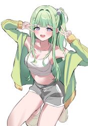 1girl absurdres armpits bare_shoulders breasts cleavage crop_top dolphin_shorts double_v drawstring green_hair green_jacket grey_shorts hair_ornament hands_up highres iruka_(furyun0220) jacket jewelry long_hair long_sleeves looking_at_viewer medium_breasts midriff necklace off_shoulder one_side_up open_clothes open_jacket open_mouth pom_pom_(clothes) pom_pom_hair_ornament purple_eyes shirt short_shorts shorts simple_background sleeveless sleeveless_shirt smile solo spaghetti_strap stellive thighs v virtual_youtuber white_background white_shirt yuzuha_riko