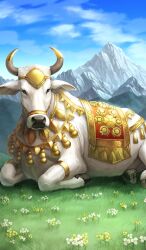 animal animal_focus blue_sky bridle bull cloud commentary day fate/grand_order fate_(series) flower flower_request gold grass lasengle lying mountain mountainous_horizon nature no_humans official_art outdoors saddle sky sunlight third-party_source white_flower yellow_flower