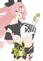 1girl bangboo_(zenless_zone_zero) black_jacket black_ribbon black_shorts breasts cropped_jacket detached_sleeves green_eyes hair_ornament hair_ribbon hairclip highres jacket large_breasts long_hair looking_at_viewer money navel nicole_demara open_mouth pink_hair raijuu_(bakanara) ribbon short_shorts short_sleeves shorts smile solo strapless thighs tube_top two_side_up white_tube_top zenless_zone_zero