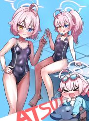 abydos_high_school_swimsuit ahoge bikini blue_archive blue_eyes blue_jacket breasts chibi commentary_request eyewear_on_head feet_out_of_frame frilled_bikini frills halo heterochromia highres hoshino_(blue_archive) hoshino_(first_year)_(blue_archive) hoshino_(swimsuit)_(blue_archive) index_finger_raised inflatable_toy inflatable_whale jacket korean_commentary long_hair looking_at_viewer meme multiple_persona pink_hair pink_halo ponytail school_swimsuit short_hair sitting small_breasts solharuu sunglasses swimsuit ugoitenai_no_ni_atsui_yo_(meme) white_bikini yellow_eyes
