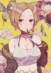 1girl absurdres animal_ear_fluff animal_ears animal_print applying_makeup bare_shoulders belly_chain bikini bikini_top_only black_collar blush bracelet breasts brown_hair brown_jacket bug butterfly cat_ears cleavage collar commission crop_top cross cross_necklace earrings flower fur-trimmed_jacket fur_trim gyaru highres hoop_earrings insect jacket jewelry large_breasts leopard_print lipstick looking_at_viewer makeup midriff navel necklace o-ring o-ring_bikini off_shoulder original parted_bangs parted_lips pink_flower pink_rose print_bikini red_eyes ring rokku_gyaru rose see-through_clothes short_hair single_earring skeb_commission solo swimsuit tank_top upper_body white_tank_top yuusa zipper