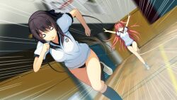 0_0 2girls ao_no_kanata_no_four_rhythm arms_up bare_arms bare_legs black_bow black_buruma black_hair black_socks bow breasts buruma commentary emphasis_lines english_commentary floating_hair gym_shirt gym_uniform hair_bow hair_ribbon indoors kneehighs kurashina_asuka long_hair multiple_girls o_o official_art one_side_up open_mouth pink_hair ribbon running second-party_source shirt short_sleeves socks suzumori tobisawa_misaki very_long_hair white_ribbon white_shirt white_sneakers