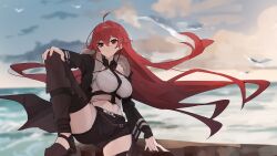 1girl absurdres ahoge bird black_shorts breasts carternanmen closed_mouth commentary cropped_shirt crossed_bangs eris_greyrat fur-trimmed_jacket fur_trim hair_between_eyes hand_on_own_knee highres horizon jacket knee_up large_breasts long_hair long_sleeves looking_at_viewer midriff_peek mushoku_tensei navel ocean outdoors red_eyes red_hair seagull shirt short_shorts shorts sitting sky solo thick_thighs thighs very_long_hair water white_shirt