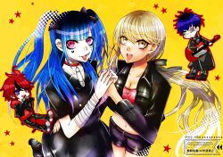 2boys 2girls alternate_costume amemiya_darumi black_dress black_hair black_jacket black_pants black_shorts blonde_hair blue_hair breasts chibi chibi_inset cleavage collarbone dress fingernails full_body hair_between_eyes heart highres holding_hands jacket kawana_tsubasa long_hair looking_at_viewer makeup multicolored_hair multiple_boys multiple_girls official_alternate_costume omokage_yugamu open_mouth pants pink_eyes red_hair red_shirt runny_makeup safety_pin shirt shorts star_(symbol) sumino_takumi teeth the_hundred_line_-last_defense_academy- tongue tongue_out twintails upper_body yellow_background yellow_eyes