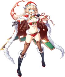 1girl artist_request black_gloves blonde_hair blue_eyes boots breasts cape cleavage full_body fur_trim game_cg gloves hat highres holding holding_sack navel official_alternate_costume official_art olsen_(unitia) open_mouth panties red_panties sack santa_costume santa_hat solo source_request star_(symbol) transparent_background underwear unitia