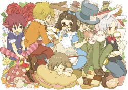 1girl 5boys alice&#039;s_adventures_in_wonderland animal_ears cat_ears cat_tail cheshire_cat_(alice_in_wonderland) dormouse_(wonderland) dress eat_me flower footman glasses highres mad_hatter_(alice_in_wonderland) march_hare_(wonderland) mouse_ears multiple_boys mushroom rabbit_ears striped_clothes striped_thighhighs tail tea thighhighs walrus yukke