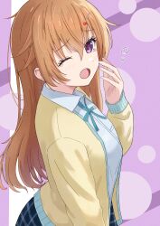 1girl absurdres beniyomogi blue_ribbon blush brown_cardigan brown_hair cardigan collared_shirt commentary hair_between_eyes hair_ornament hairclip highres konoe_kanata long_hair love_live! love_live!_nijigasaki_high_school_idol_club neck_ribbon one_eye_closed open_cardigan open_clothes open_mouth purple_background purple_eyes ribbon school_uniform shirt solo white_shirt yawning