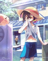 1boy 2girls black_hair blue_shorts carmine_(pokemon) closed_eyes crossed_bangs day food fruit furret gen_2_pokemon grey_hair grey_tank_top hair_between_eyes hairband hat hideko_(pokemon) highres kieran_(pokemon) male_focus metoa mole mole_on_neck multiple_girls nintendo open_mouth outdoors pokemon pokemon_(creature) pokemon_sv purple_hair red_hair shorts straw_hat sweat tank_top watermelon watermelon_slice yellow_eyes yellow_hairband