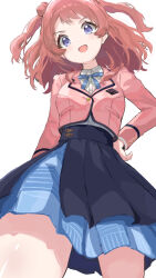 1girl absurdres blue_bow blue_skirt bow breasts check_commentary collared_shirt commentary_request cowboy_shot cropped_jacket from_below gakuen_idolmaster hanami_saki hand_on_own_hip hatsuboshi_gakuen_school_uniform highres idolmaster jacket layered_skirt long_sleeves looking_at_viewer marutsuki_(saki_take95996) medium_breasts medium_hair miniskirt open_mouth pink_hair pink_jacket purple_eyes school_uniform shirt simple_background skirt smile solo white_background white_shirt