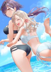 Rule 34 | 2girls, :d, absurdres, alternate costume, barefoot, bikini, black-framed eyewear, black bikini, blue sky, blush, breasts, ceras yanagida lilienfeld, closed eyes, closed mouth, cloud, commentary, day, dutch angle, edel note, eyewear on head, from behind, grey hair, hair ornament, hair ribbon, highres, horizon, hug, hug from behind, katsuragi izumi, kobassy, large breasts, link! like! love live!, long hair, love live!, median furrow, multiple girls, open mouth, orange eyes, outdoors, pink ribbon, ribbon, side-tie bikini bottom, sky, smile, sunglasses, swimsuit, tassel, tassel hair ornament, toes, virtual youtuber, water, white bikini