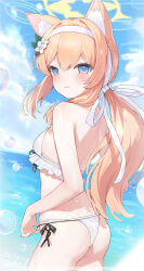 1girl absurdres animal_ear_fluff animal_ears ass back bare_arms bare_shoulders bikini blonde_hair blue_archive blue_eyes blue_hairband blue_sky blush breasts cat_ears closed_mouth cloud cowboy_shot day flower from_behind hair_between_eyes hair_flower hair_ornament hairband halo highres long_hair looking_at_viewer looking_back luo_shu mari_(blue_archive) ocean outdoors ribbon sky small_breasts solo string_bikini swimsuit very_long_hair water white_bikini