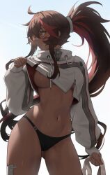 1girl arc2urus areola_slip backlighting black_panties brown_hair clothes_lift commentary cowboy_shot cropped_hoodie dark-skinned_female dark_skin gauze gauze_on_leg gauze_on_nose highres holding hood hoodie hoodie_lift juliette_(omega_strikers) lifting_own_clothes long_hair long_sleeves looking_to_the_side omega_strikers panties ponytail puffy_long_sleeves puffy_sleeves sleeves_past_wrists solo underwear white_hoodie zipper