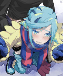 2boys aqua_eyes aqua_hair blue_footwear blue_mittens blue_scarf blush boots breath clothes_pull commentary_request crying drooling grusha_(pokemon) hands_up highres jacket long_sleeves male_focus min_(myna8247) mittens multiple_boys nintendo pants pants_pull pokemon pokemon_sv scarf sex sex_from_behind signature striped_clothes striped_scarf sweat tears teeth yaoi yellow_jacket