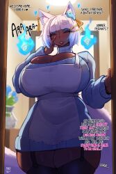 1girl absurdres animal_ears apron ara_ara backlighting black_thighhighs blue_sweater blurry blurry_background breasts closed_eyes curvy dark-skinned_female dark_skin doorway dress english_text esunami_(bakeneko) eyeliner fox_ears fox_tail garter_straps gattles hand_on_own_cheek hand_on_own_face highres hitodama huge_breasts kitsune looking_at_viewer makeup mature_female original parted_lips second-party_source smile solo sweater sweater_dress tail thick_thighs thighhighs thighs vase white_hair