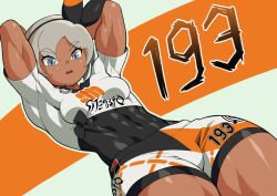 1girl abs bea_(pokemon) black_bodysuit blue_eyes bodysuit bodysuit_under_clothes bow_hairband breasts cowboy_shot creatures_(company) dark-skinned_female dark_skin from_below game_freak grey_hair hairband looking_at_viewer muscular muscular_female nintendo open_mouth pokemon pokemon_swsh pokkuti print_shorts shirt short_hair short_sleeves shorts simple_background small_breasts solo teeth tied_shirt upper_teeth_only