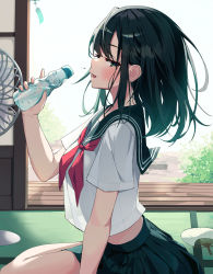 1girl absurdres black_hair black_skirt bottle crop_top crop_top_overhang day electric_fan from_side green_eyes hand_fan hand_up highres holding holding_bottle long_hair looking_at_viewer looking_to_the_side midriff munseonghwa neckerchief open_mouth original paper_fan pleated_skirt sailor_collar school_uniform serafuku shirt short_sleeves skirt solo summer tatami veranda water_bottle white_shirt wind_chime