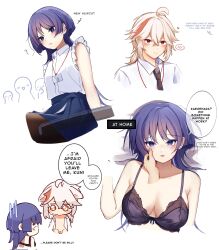 1boy 1girl black_bra black_necktie black_pantyhose blonde_hair blue_eyes blue_hair bottomless bra breasts chibi commentary compressed_breasts corrupted_twitter_file disembodied_hand english_commentary english_text engrish_text genderswap genderswap_(mtf) genshin_impact hand_on_another&#039;s_cheek hand_on_another&#039;s_face highres kaedehara_kazuha large_breasts long_hair miniskirt multicolored_hair necktie open_clothes open_shirt orange_eyes orange_hair pantyhose ranguage scaramouche_(genshin_impact) skirt streaked_hair uiidda underwear