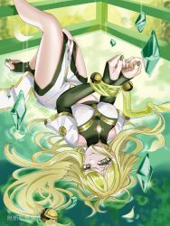 1girl breasts dress duel_monster green_eyes green_hair green_nails highres hu-li_the_jewel_mikanko large_breasts long_hair rnz9fvkkicv2jfo solo toes twitter_username upside-down white_dress yu-gi-oh!