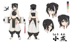 1girl barefoot bird black_hair black_nails chinese_clothes chinese_text closed_mouth color_guide double_bun green_eyes hair_bun hanenosaki jewelry looking_at_viewer midriff multicolored_hair multiple_views navel original pants reference_sheet shouen_(hanenosaki) simple_background smile standing streaked_hair swallow_(bird) toeless_legwear toes white_background white_hair