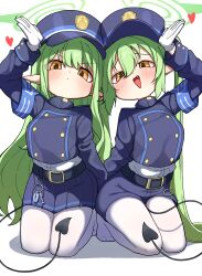 2girls :d absurdres armband belt black_belt black_shorts black_skirt blue_archive blue_armband buttons commentary_request demon_horns demon_tail gloves green_hair hair_between_eyes halo hat heart highres hikari_(blue_archive) horns hourglass_02 long_hair long_sleeves looking_at_viewer multiple_girls no_shoes nozomi_(blue_archive) open_mouth pantyhose peaked_cap pleated_skirt pointy_ears ponytail seiza shirt short_shorts shorts siblings sidelocks simple_background sisters sitting skirt smile tail train_conductor twins v-shaped_eyebrows white_background white_gloves white_pantyhose white_shirt yellow_eyes