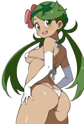 1girl :d ass back bikini breasts dark-skinned_female dark_skin ecgg_(tsuji418477) elbow_gloves flower gloves green_eyes green_hair green_headband hair_flower hair_ornament headband highres long_hair looking_at_viewer looking_back low_twintails mallow_(pokemon) micro_bikini nintendo open_mouth pokemon pokemon_sm simple_background small_breasts smile solo strap_gap swimsuit twintails very_long_hair white_background white_bikini white_gloves