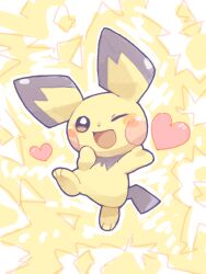 ;d commentary creatures_(company) full_body game_freak gen_2_pokemon hand_on_own_chin hand_on_own_face hands_up happy heart heart_floating_above_hand light_blush nintendo no_humans oekaki one_eye_closed open_mouth outline pichu pokemon pokemon_(creature) pokemon_focus smile solo standing standing_on_one_leg tail tansho tegaki tiptoes white_outline yellow_background yellow_theme