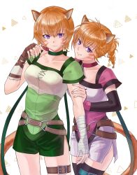 2girls absurdres animal_ears belt braid breasts brown_belt cat_ears cat_girl cat_tail choker collar commentary_request facepaint facial_mark fire_emblem fire_emblem:_path_of_radiance fire_emblem:_radiant_dawn green_choker green_collar green_shorts hand_guard highres laguz_(fire_emblem) lethe_(fire_emblem) lyre_(fire_emblem) marukubi9595 medium_breasts multiple_girls nintendo o-ring o-ring_belt orange_hair orange_tail pink_collar purple_eyes rainbow_ribbon shorts siblings side_slit side_slit_shorts sisters tail thigh_belt thigh_strap twins whisker_markings white_background wrist_wrap