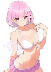 1girl bikini blush breasts chinatsu_misaki_(vtuber) closed_mouth collarbone commission front-tie_bikini_top front-tie_top hair_ornament highres indie_virtual_youtuber kamidan looking_at_viewer medium_breasts medium_hair navel pink_eyes pink_hair pink_skirt simple_background skeb_commission skirt smile solo stomach swimsuit thank_you thighs virtual_youtuber white_background white_bikini
