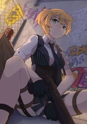 Rule 34 | 1girl, absurdres, black gloves, black necktie, black skirt, blonde hair, bolt action, can, chain-link fence, closed mouth, collared shirt, commentary request, drink can, expressionless, feet out of frame, fence, girls&#039; frontline, gloves, graffiti, green eyes, gun, handgun, highres, holding, holding gun, holding weapon, kokuya (kokuya28), looking afar, miniskirt, necktie, shirt, short hair, sign, sitting, skirt, soda can, solo, thigh strap, warning sign, weapon, welrod, welrod mkii (girls&#039; frontline), white shirt, wooden box