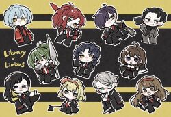 Rule 34 | 5boys, 6+girls, :d, angela (project moon), axe, baseball bat, binah (project moon), black background, black coat, black eyes, black gloves, black hair, black pants, black shirt, black vest, blonde hair, blue eyes, blue hair, border, bow, brown eyes, brown hair, chesed (project moon), chibi, closed mouth, coat, coffee mug, collared shirt, colored inner hair, cosplay, cup, dante (limbus company), dante (limbus company) (cosplay), drink, e.g.o (project moon), full body, gebura (project moon), gloves, green eyes, green hair, grey eyes, grey hair, grey jacket, hair bow, hairband, heterochromia, highres, hod (project moon), hokma (project moon), holding, holding axe, holding polearm, holding weapon, jacket, kojocho05, lcb uniform (project moon), library of ruina, limbus company, living weapon, long hair, long sleeves, looking at viewer, malkuth (project moon), mimicry (e.g.o), mug, multicolored hair, multiple boys, multiple girls, necktie, netzach (project moon), open mouth, orange bow, orange hairband, pants, parted bangs, polearm, ponytail, project moon, purple hair, red coat, red hair, red hairband, red necktie, roland (project moon), scar, scar across eye, scar on face, shirt, short hair, simple background, smile, standing, tiphereth a (project moon), undone necktie, vergilius (project moon), vergilius (project moon) (cosplay), vest, weapon, white shirt, yellow border, yellow eyes, yesod (project moon)