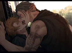 Rule 34 | 2boys, against wall, arm tattoo, bakshi christensen, bare arms, bare shoulders, black hair, black jacket, black shirt, blonde hair, blush, collared shirt, couple, day, earrings, french kiss, from side, giancarlo bourbon del monte, grey eyes, grey hair, hair between eyes, hand in another&#039;s hair, hand on another&#039;s head, hand on wall, highres, hood, hood down, hooded jacket, hug, jacket, jewelry, kiss, letterboxed, looking at another, lucky dog 1, male focus, miyamoyan, multiple boys, necktie, open mouth, outdoors, profile, saliva, shirt, short hair, skull tattoo, sleeveless, sleeveless jacket, tattoo, toned, toned male, tongue, tongue out, tree, undercut, upper body, white necktie, yaoi, yellow eyes