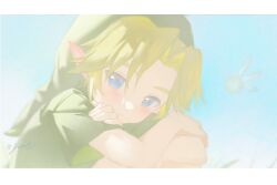 1boy blonde_hair blue_eyes blue_sky blush border child closed_mouth fairy green_hat green_tunic hat highres knees_to_chest letterboxed link looking_at_viewer navi nintendo pointy_ears portrait short_hair short_sleeves signature sitting sky smile solo the_legend_of_zelda the_legend_of_zelda:_ocarina_of_time tunic white_border young_link yun_(dl2n5c7kbh8ihcx)