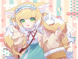 1girl absurdres animal_ears aqua_hairband aqua_skirt arknights basket blonde_hair cardigan colored_tips fox_ears fox_girl fox_tail frilled_hairband frills green_eyes hairband high-waist_skirt highres kitsune kyuubi long_hair long_sleeves looking_at_viewer miaoneko multicolored_hair multiple_tails neck_ribbon open_mouth puffy_long_sleeves puffy_sleeves red_ribbon ribbon shirt skirt solo suzuran_(arknights) tail white_hair white_shirt yellow_cardigan