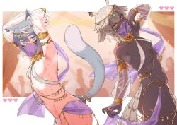 2girls animal_ear_fluff animal_ear_piercing animal_ears aqua_eyes armpits arms_up ass bird_ears bird_tail breasts cat_ears cat_girl cat_tail dancer dark-skinned_female dark_skin detached_sleeves gem gold_armlet grey_hair grey_tail groin hair_between_eyes harem_outfit heart heart-shaped_pupils highres jewelry kokuya_(kokuya28) mouth_veil multiple_girls navel o-ring original outside_border parted_lips ribs ring see-through_clothes see-through_sleeves small_breasts smile steaming_body sweat symbol-shaped_pupils tail veil