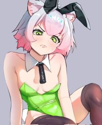 1girl angry animal_ear_fluff animal_ear_hairband animal_ears antenna_hair arm_support armpit_crease bags_under_eyes bare_shoulders between_legs black_hairband black_necktie black_thighhighs breasts closed_mouth collar collarbone colored_tips commentary corrupted_twitter_file cowboy_shot detached_collar dot_nose double-parted_bangs embarrassed english_commentary english_text eyebrows_hidden_by_hair fake_animal_ears fake_tail flustered frown furrowed_brow go!_go!_gris! gradient_hair green_eyes green_leotard grey_background groin hair_between_eyes hairband half-closed_eyes hand_between_legs head_tilt highleg highleg_leotard highres knees leaning_forward leaning_to_the_side leotard light_blush long_eyelashes looking_at_viewer ltartzz mouse_ears mouse_girl multicolored_hair narrowed_eyes necktie over-kneehighs perl_(go!_go!_gris!) pink_hair playboy_bunny pout print_necktie rabbit_ear_hairband rabbit_ears rabbit_tail short_hair short_necktie short_tail sidelocks simple_background sitting small_breasts solo straight-on strapless strapless_leotard striped_blush sweatdrop tail tearing_up thick_eyelashes thighhighs thighs two-tone_hair v-shaped_eyebrows white_collar white_hair white_tail wing_collar