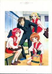1girl 3girls bag blonde_hair blue_eyes brown_hair building bush collarbone day dot_nose fujita_hiroyuki full_body hair_between_eyes hair_ribbon highres holding holding_school_bag kamigishi_akari legs long_hair long_sleeves miyauchi_lemmy multiple_girls nagaoka_shiho official_art open_mouth outdoors red_eyes red_hair red_sailor_collar red_skirt ribbon sailor_collar school school_bag school_uniform serafuku shirt shoes short_hair sitting skirt sneakers socks standing to_heart to_heart_(series) white_shirt white_socks window