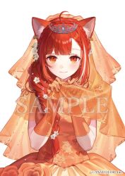 ahoge animal_ear_fluff animal_ear_piercing animal_ears braid braided_ponytail breasts bridal_veil cleavage cleavage_cutout clothing_cutout commentary_request company_name copyright_notice dress elbow_gloves esukee flower gloves hair_flower hair_ornament large_breasts light_smile looking_at_viewer nijisanji official_alternate_costume official_art orange_eyes orange_hair ratna_petit red_panda red_panda_ears red_panda_girl red_panda_tail sample_watermark solo tiara veil virtual_youtuber watermark wedding_dress white_background white_flower