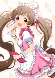 Rule 34 | 1girl, :d, ahoge, apron, back bow, blush, book, bow, breasts, brown background, brown eyes, brown hair, commentary request, cowboy shot, dress, frilled apron, frilled dress, frilled hairband, frilled wrist cuffs, frills, from side, goma konbu, hair ribbon, hairband, hakozaki serika, hand up, highres, holding, holding book, holding pen, idolmaster, idolmaster million live!, idolmaster million live! theater days, long hair, looking at viewer, looking to the side, multicolored background, multicolored dress, open mouth, pen, petticoat, pink dress, pink hairband, pink ribbon, plaid, puffy short sleeves, puffy sleeves, raised eyebrows, ribbon, short sleeves, small breasts, smile, solo, swept bangs, tareme, thighhighs, triangle background, turning head, twintails, underbust, very long hair, waist apron, white apron, white background, white dress, white ribbon, white thighhighs, white wrist cuffs, wrist cuffs